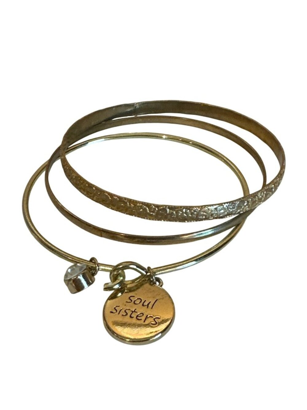 Soul Sisters Gold-Tone Bangles Textured & Charm Details Set of 3 Stackable